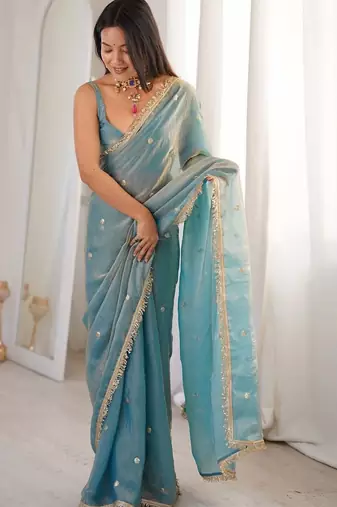 Teal embellished sequinned satin designer saree