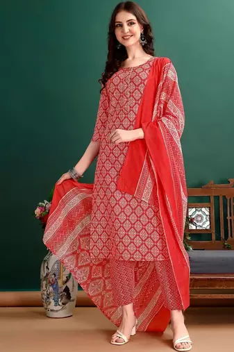 women printed kurta with trousers & with dupatta