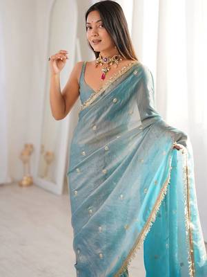 Teal embellished sequinned satin designer saree 4
