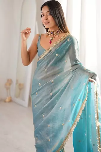 Teal embellished sequinned satin designer saree