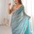 Teal embellished sequinned satin designer saree