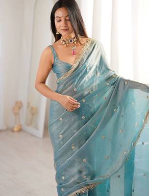 Teal embellished sequinned satin designer saree 5
