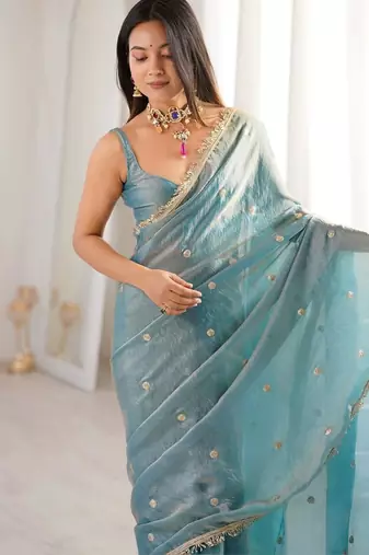 Teal embellished sequinned satin designer saree