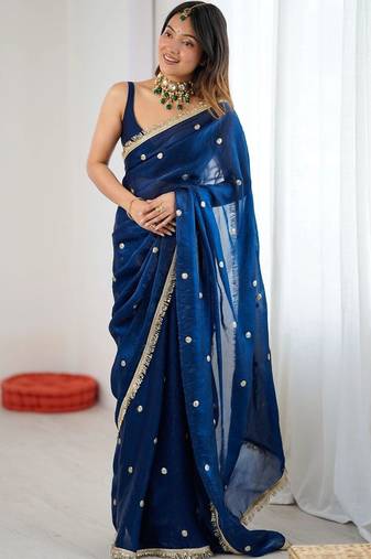 Navy blue embellished sequinned satin designer saree