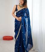 Navy blue embellished sequinned satin designer saree