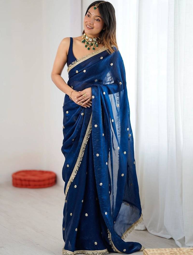 Navy blue embellished sequinned satin designer saree