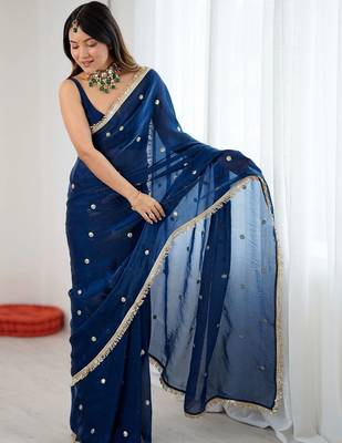 Navy blue embellished sequinned satin designer saree 3