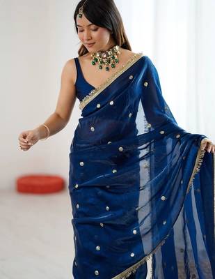 Navy blue embellished sequinned satin designer saree 4