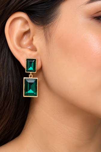 Anti-tarnish jewellery, double stone drop, stud back closure, faceted crystal, statement earrings