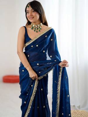 Navy blue embellished sequinned satin designer saree 5