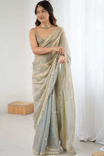 Grey embellished sequinned satin designer saree
