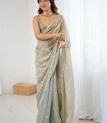 Grey embellished sequinned satin designer saree