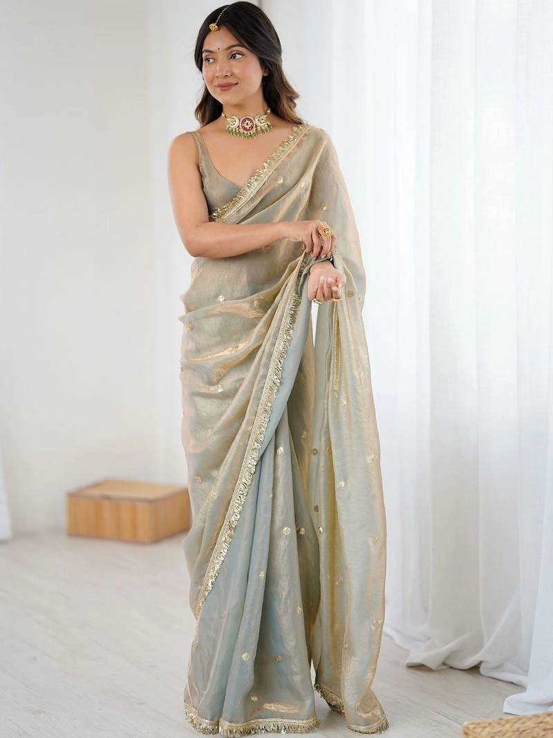 Grey embellished sequinned satin designer saree