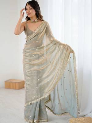 Grey embellished sequinned satin designer saree 2