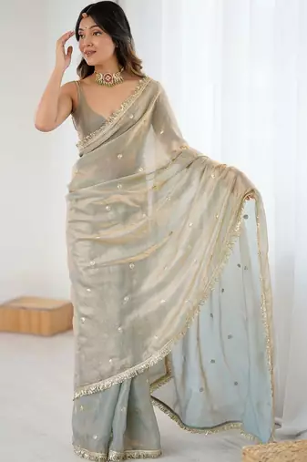 Grey embellished sequinned satin designer saree