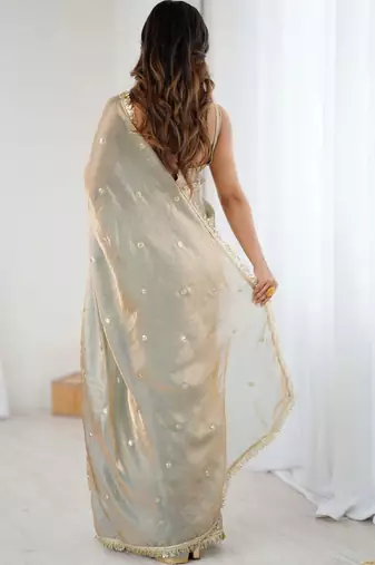Grey embellished sequinned satin designer saree