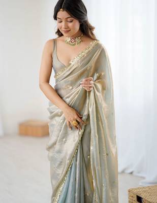 Grey embellished sequinned satin designer saree 4