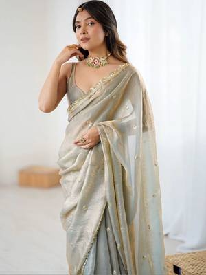 Grey embellished sequinned satin designer saree 5