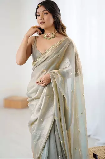 Grey embellished sequinned satin designer saree