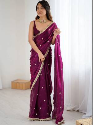 Purple embellished sequinned satin designer saree 1