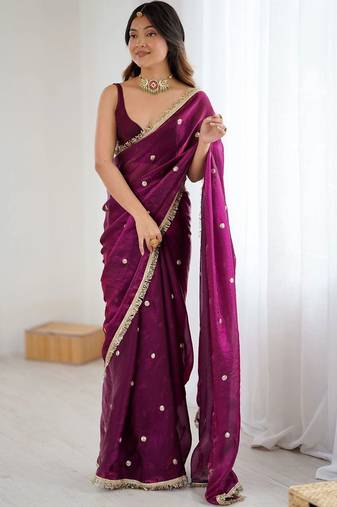 Purple embellished sequinned satin designer saree