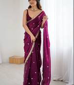 Purple embellished sequinned satin designer saree