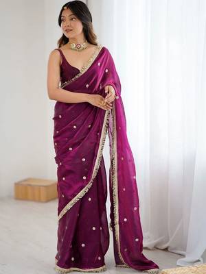 Purple embellished sequinned satin designer saree 2