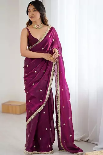 Purple embellished sequinned satin designer saree
