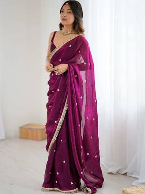 Purple embellished sequinned satin designer saree 3