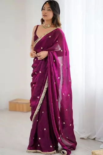Purple embellished sequinned satin designer saree