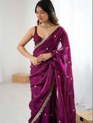 Purple embellished sequinned satin designer saree 4