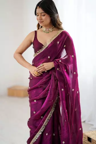 Purple embellished sequinned satin designer saree