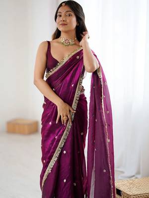 Purple embellished sequinned satin designer saree 5