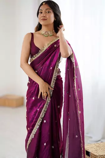 Purple embellished sequinned satin designer saree