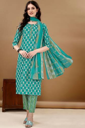 women ethnic motifs printed kurta with trousers & with dupatta