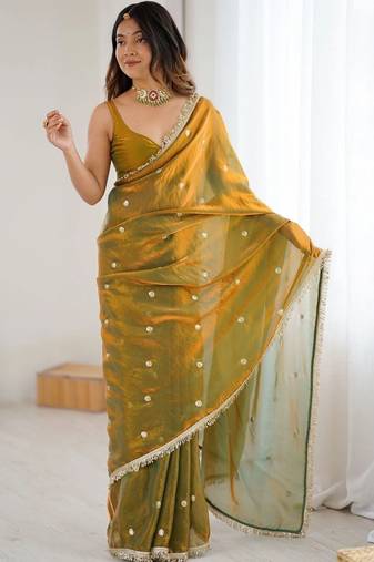 Olive embellished sequinned satin designer saree