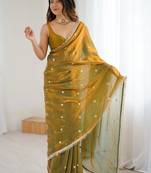 Olive embellished sequinned satin designer saree