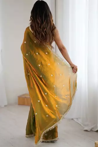 Olive embellished sequinned satin designer saree