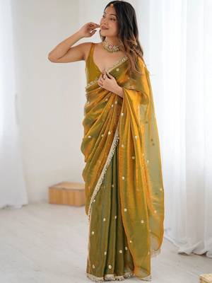 Olive embellished sequinned satin designer saree 3