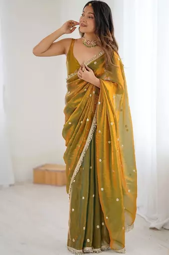 Olive embellished sequinned satin designer saree