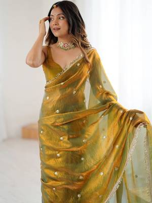 Olive embellished sequinned satin designer saree 4