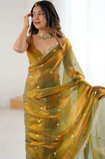 Olive embellished sequinned satin designer saree