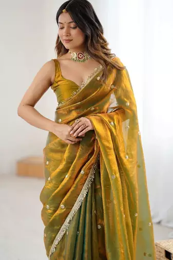 Olive embellished sequinned satin designer saree