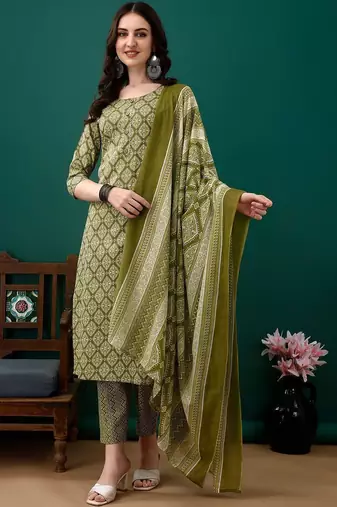 women printed kurta with trousers & with dupatta