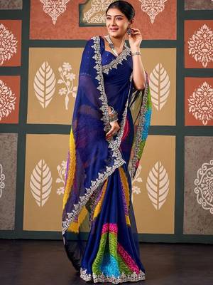 Blue bandhani embroidered poly chiffon designer bandhani saree 1
