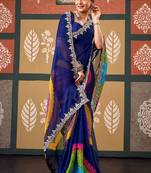 Blue bandhani embroidered poly chiffon designer bandhani saree