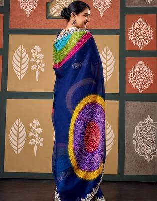 Blue bandhani embroidered poly chiffon designer bandhani saree 2