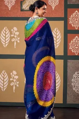 Blue bandhani embroidered poly chiffon designer bandhani saree