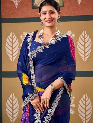 Blue bandhani embroidered poly chiffon designer bandhani saree 3