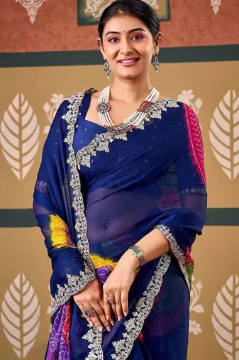 Blue bandhani embroidered poly chiffon designer bandhani saree
